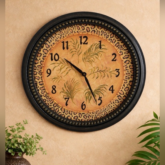 Home Interiors And Gifts Other - Home Interiors Wall Clock Palm Tree Leaves Cheetah Leopard Safari Jungle RARE VG